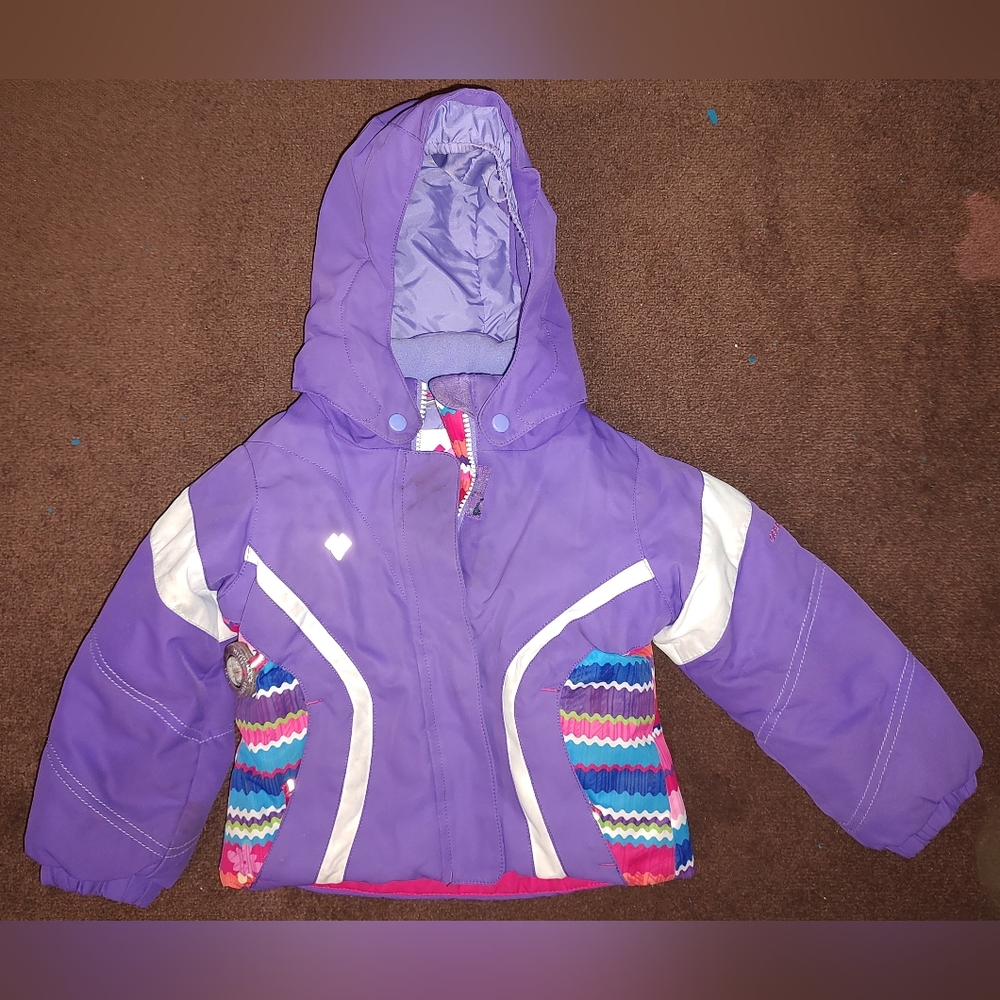 Obermeyer Purple Hooded Girls Puffer Jacket with Multicolor Accents - Size 2T